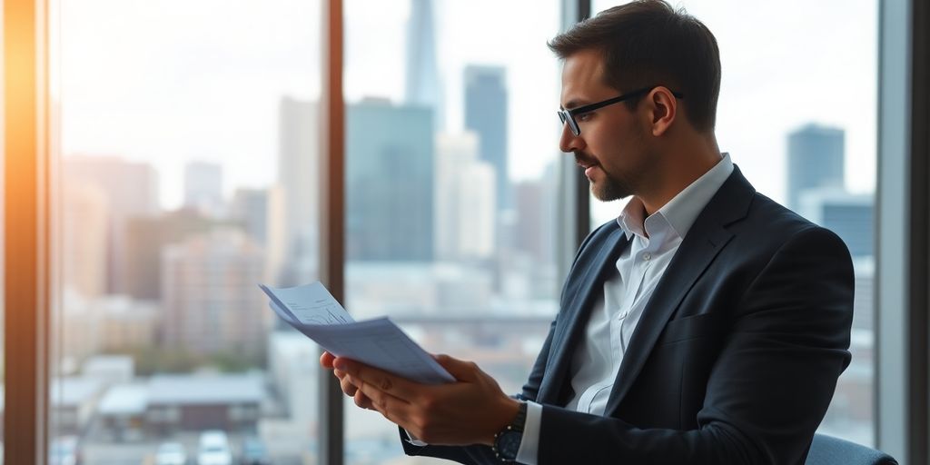 Analista financeiro em escritório moderno, cenário urbano ao fundo.