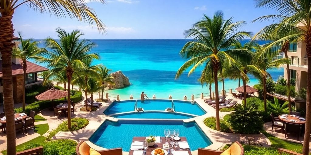 Luxurious resort view with palm trees and infinity pool.