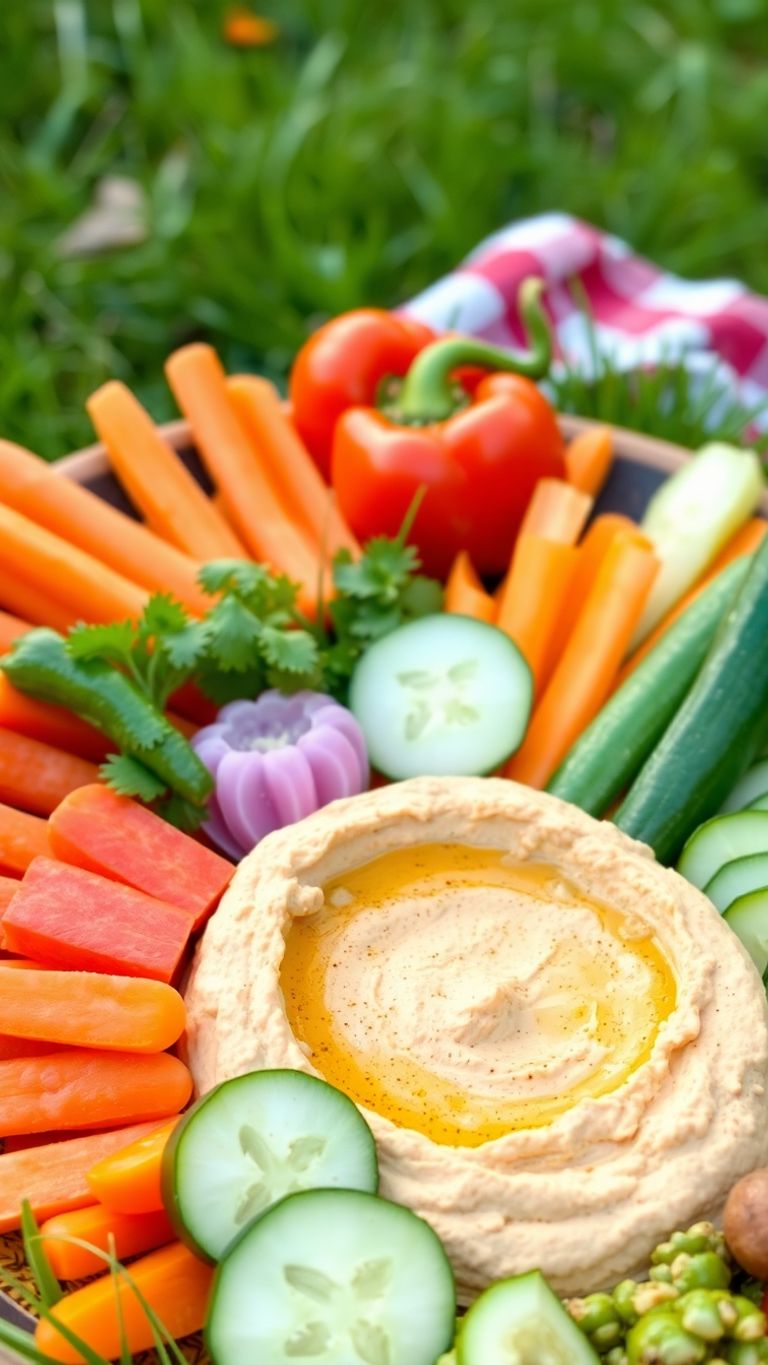 Hummus with assorted fresh vegetables on a picnic table.
