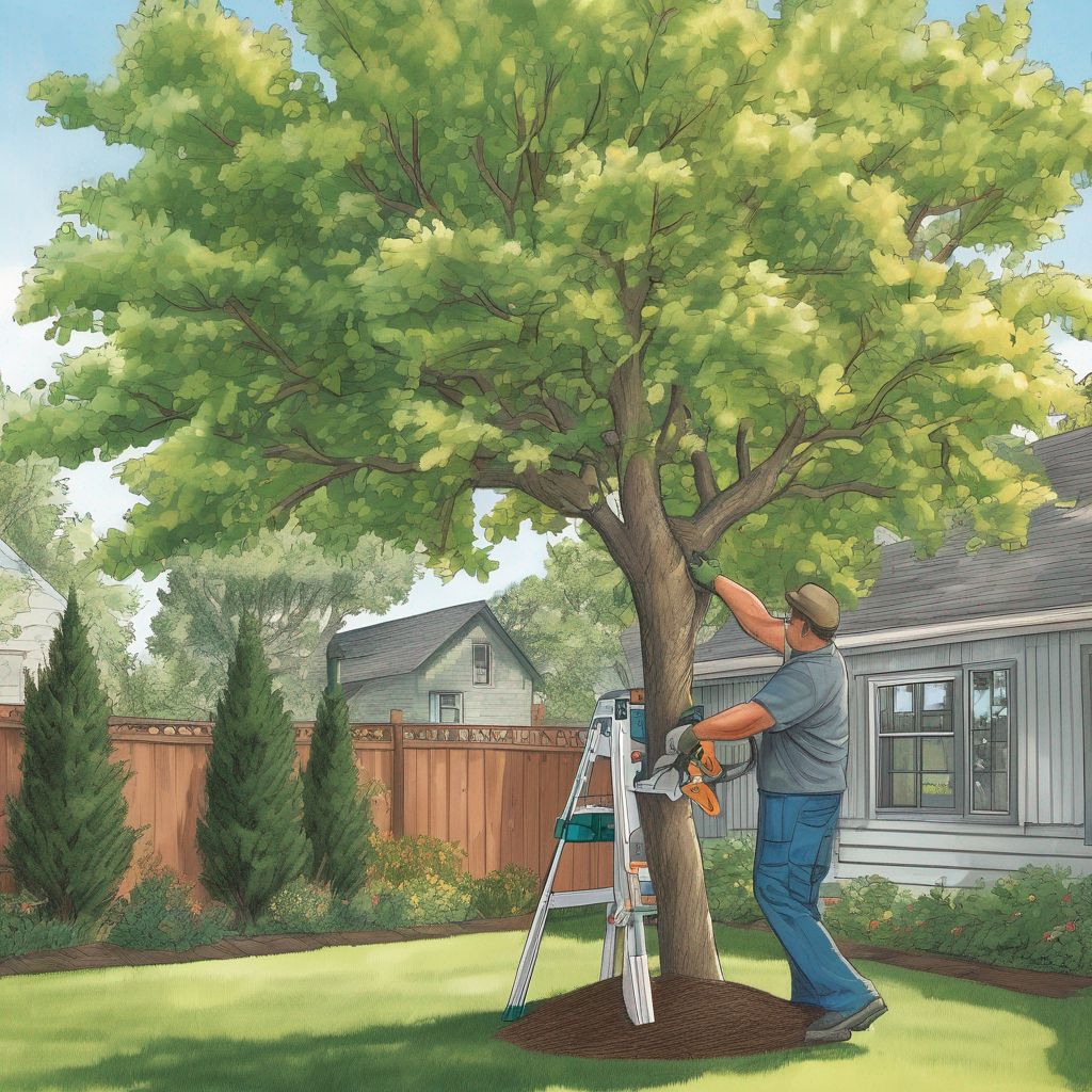 homeowner trimming tree in backyard