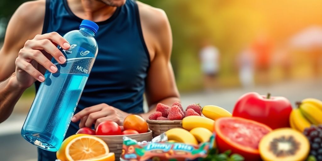 Runner hydrating with water and surrounded by healthy snacks.