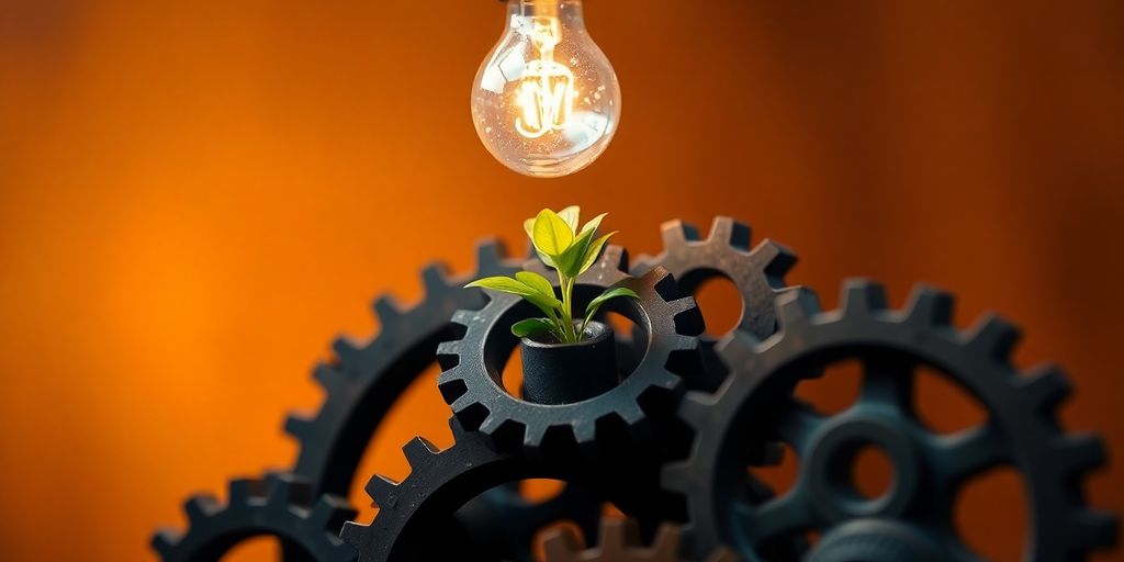 A close-up of gears, a light bulb, and a sprouting plant.