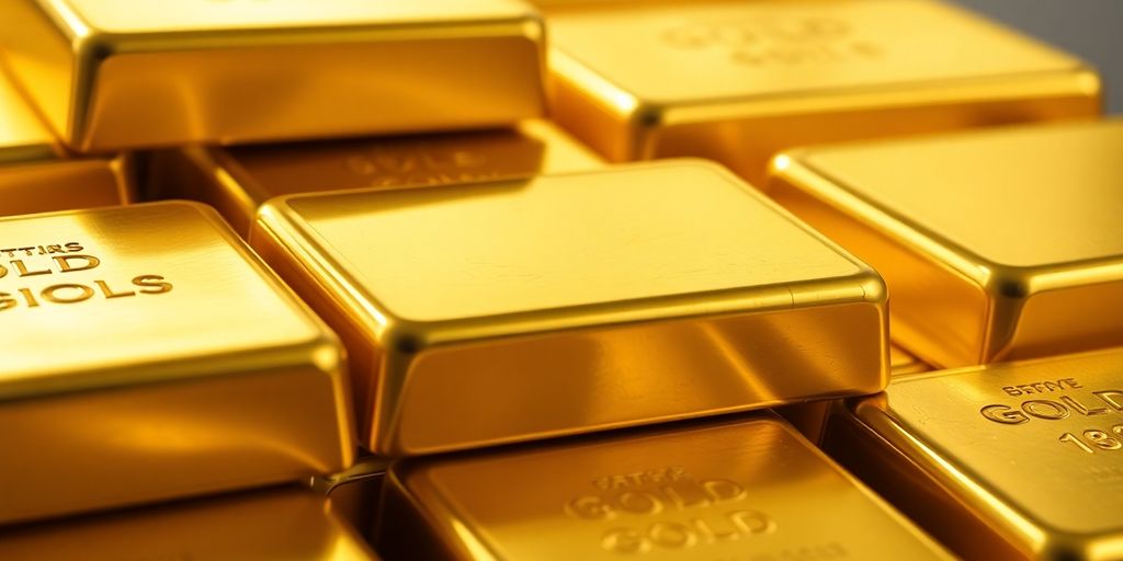 Lingots d'or empilés, brillant sous une lumière diffuse.