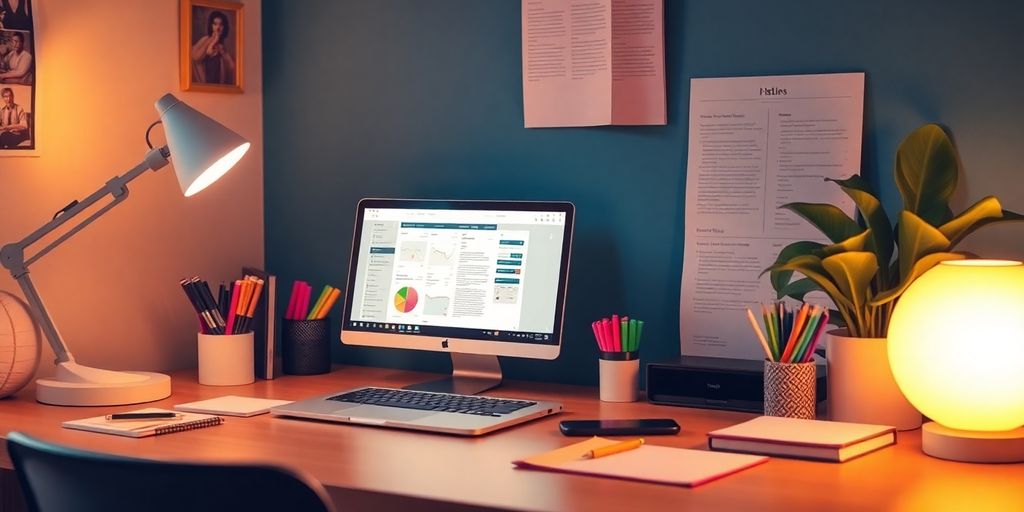 A creative workspace with a laptop and colorful supplies.