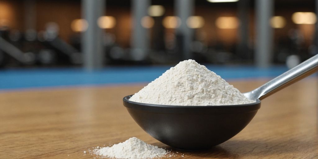 Scoop of white albumin powder on table