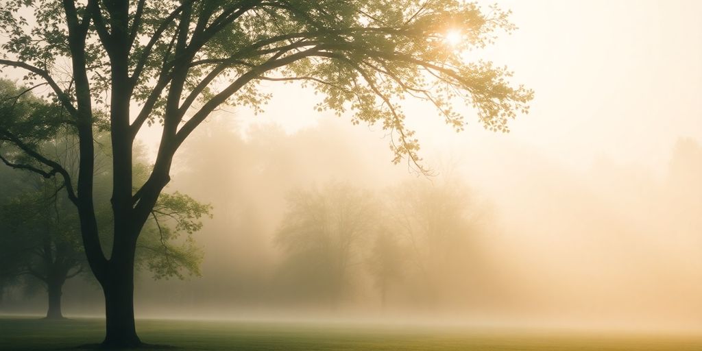 Calm landscape with soft sunlight through trees.