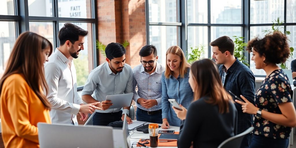 Diverse teams collaborating in a modern office workspace.