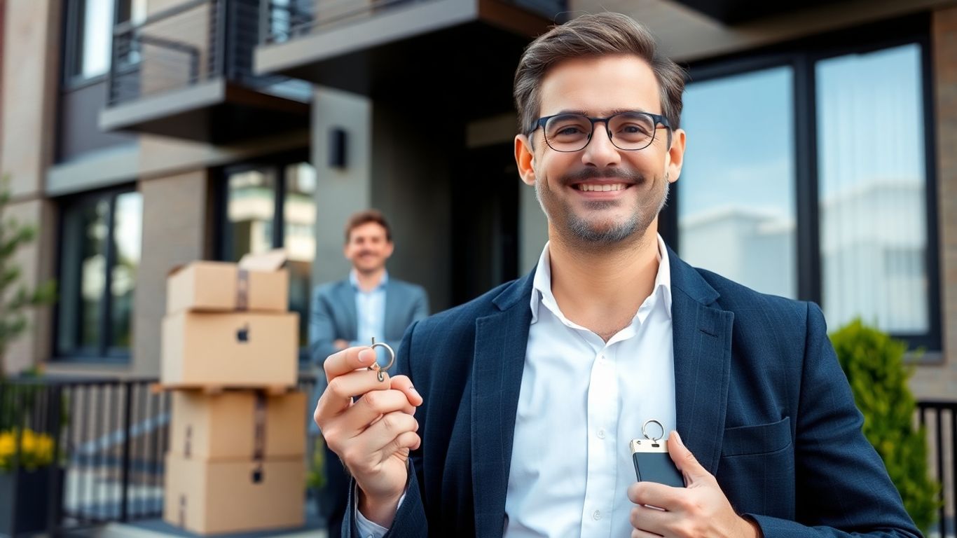 Propietario feliz con llaves frente a edificio moderno.