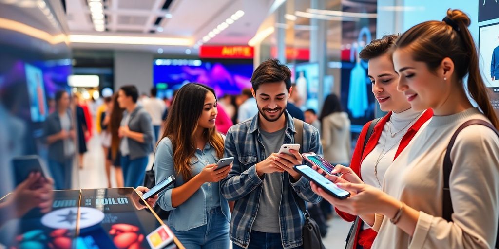 Diverse shoppers interacting with digital retail interfaces.