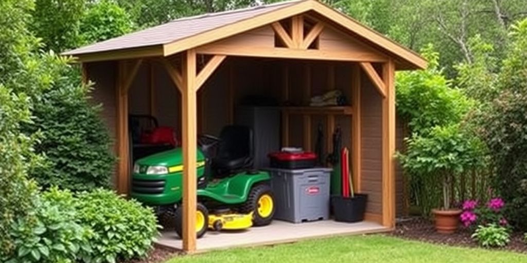 Lawn tractor storage shed in a green landscape.