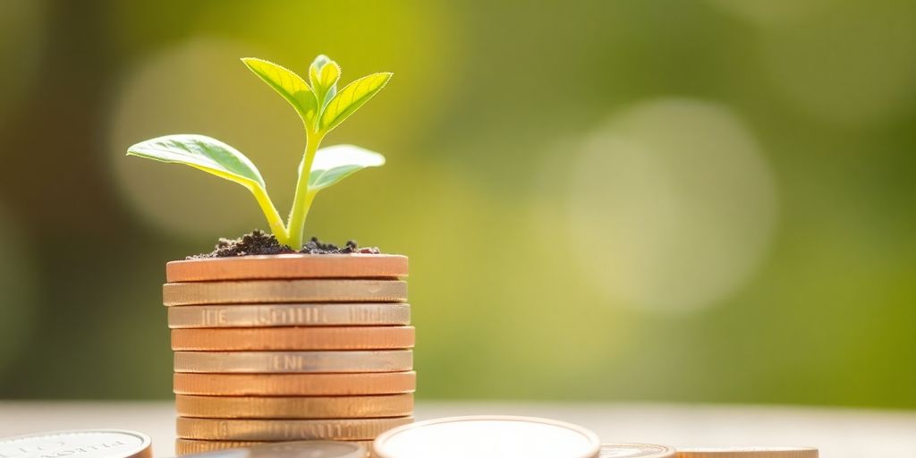 Blooming plant growing from stack of coins.