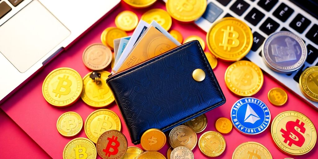 Digital wallet with cryptocurrency coins and a laptop.
