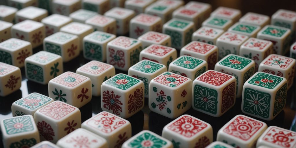 Mahjong tiles in a detailed, colorful arrangement.