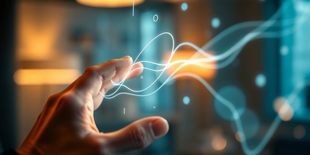 Hands interacting with a futuristic holographic stock market interface.