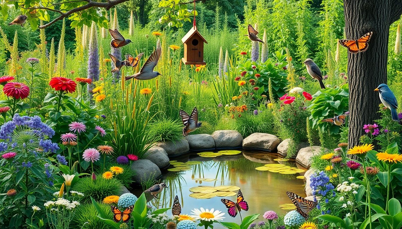 Wildlife-friendly garden with plants, birds, and butterflies.
