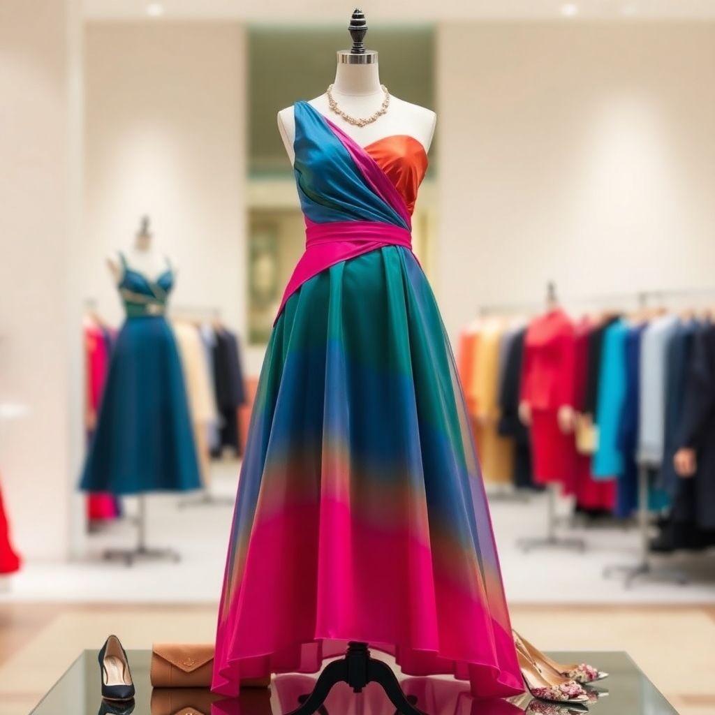 Colorful dress on mannequin with chic accessories and shoes.