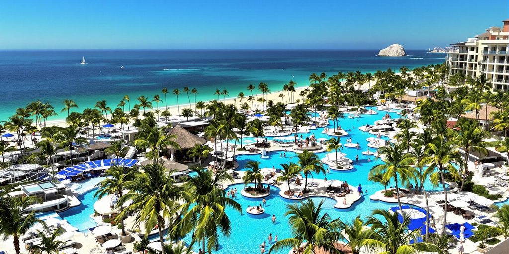 Luxurious pools and palm trees at Breathless Cabo San Lucas.