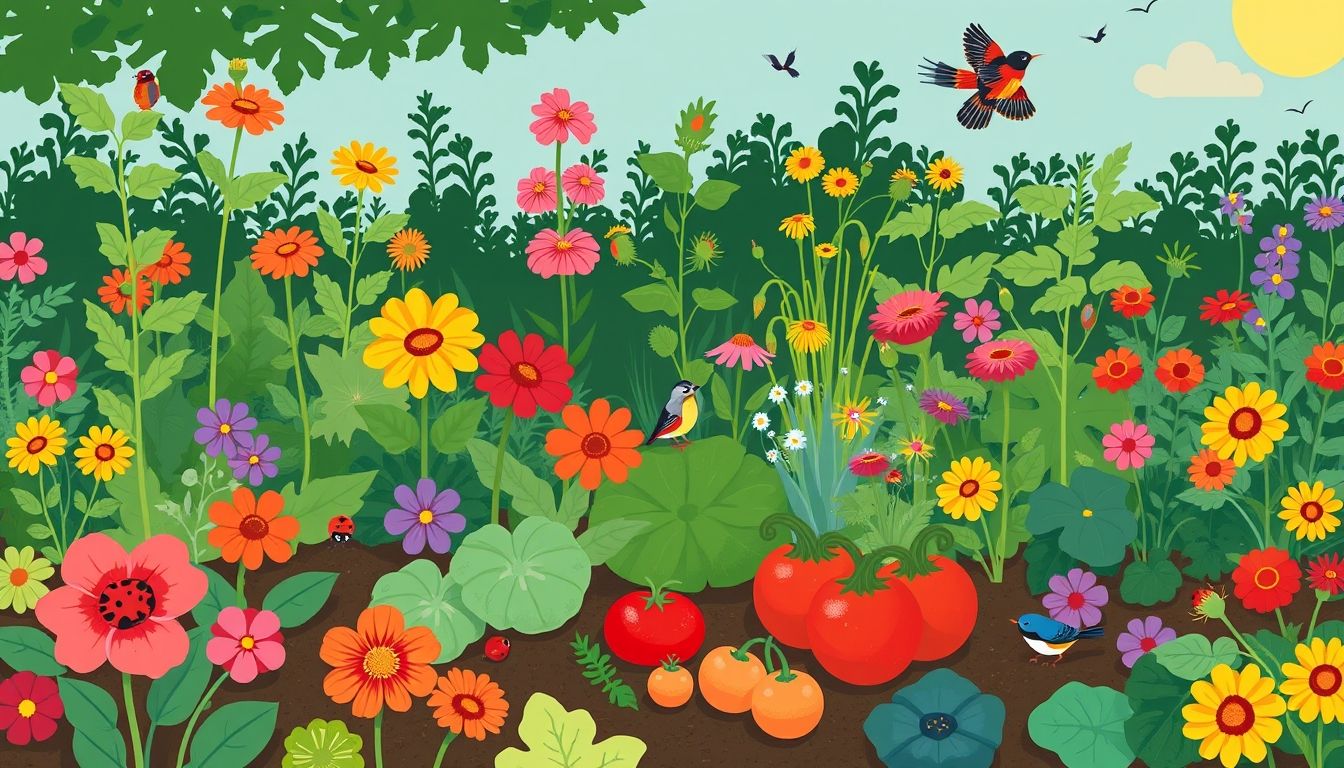 Illustrative garden with plants, flowers, and natural pest control.