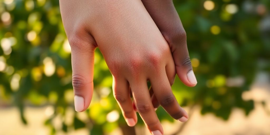 Two diverse hands intertwining warmly, vibrant, outdoor setting.