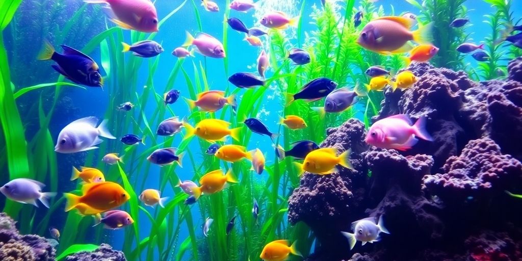 Makukulay na isdang tropikal na lumalangoy sa isang masaganang aquarium.