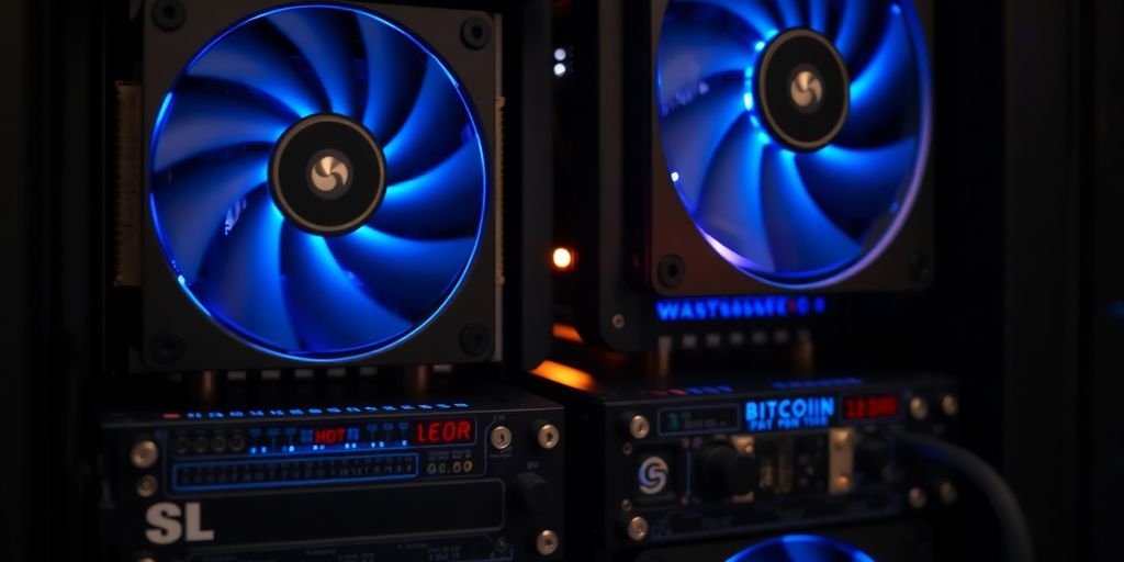 Mining rigs humming, blue lights glowing.