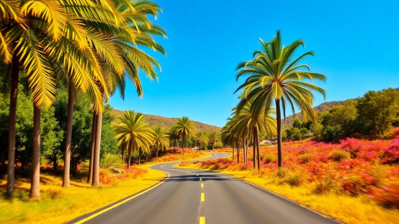 Winding road through colorful landscape with palm trees.