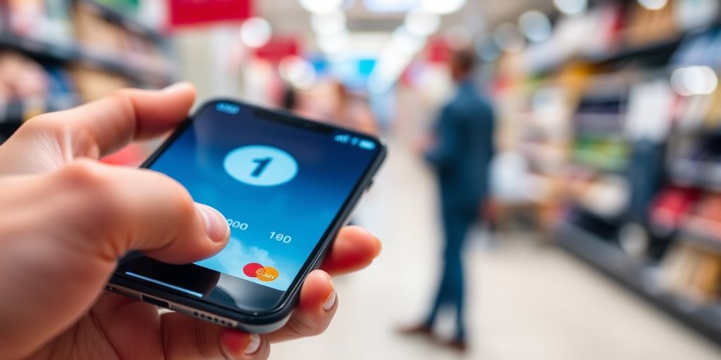 Hand using smartphone for secure online payment.