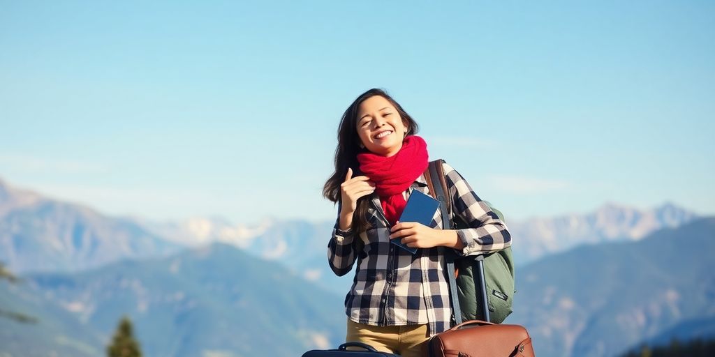 Traveler with suitcase enjoying a beautiful landscape.