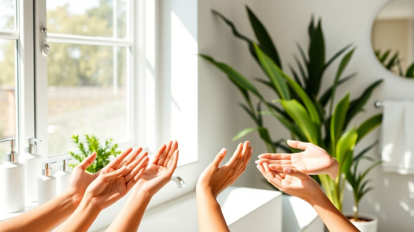 Diverse hands applying lotion in a sunlit modern bathroom