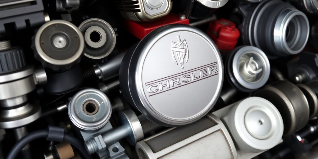 Chrysler car parts neatly arranged.