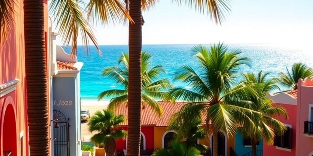 Colorful buildings, palm trees, and ocean in San Jose Del Cabo.