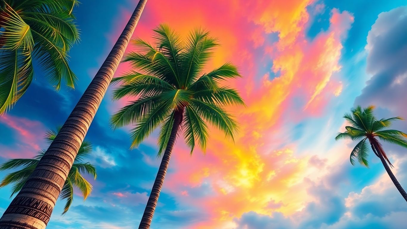 Strong palm trees swaying in a colorful hurricane.