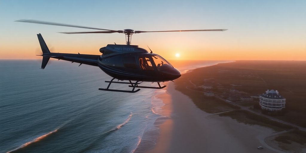 A white helicopter flies over the Hamptons coastline at sunset.