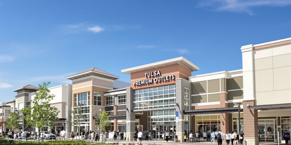 Tulsa Premium Outlets building exterior with shoppers.
