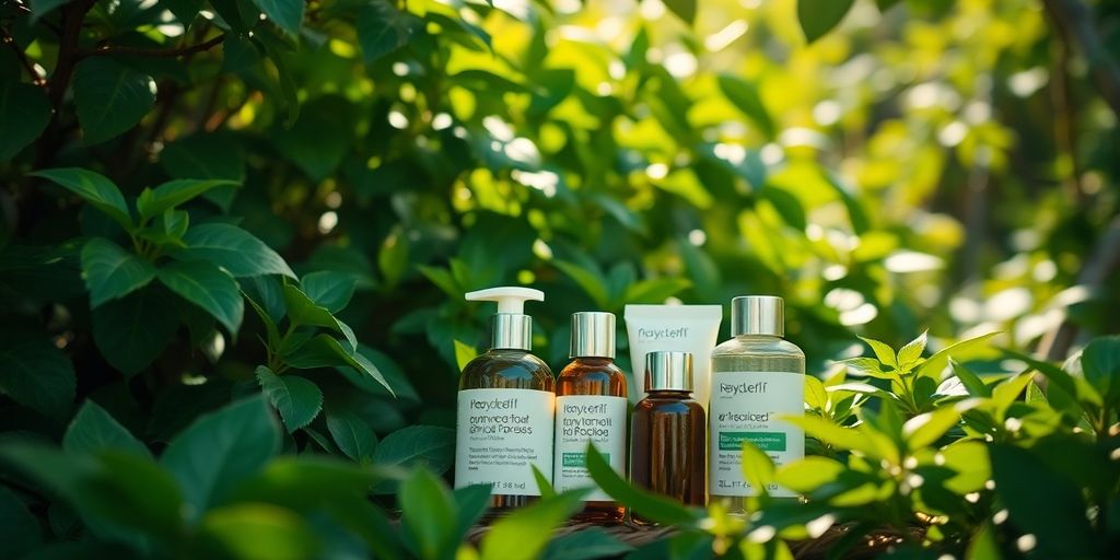 Natural skincare products in a lush green environment.