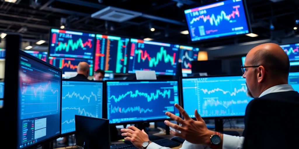 Trader engaged in analysis with multiple screens around.