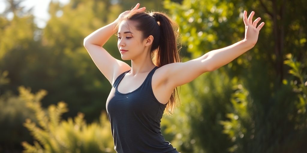 Person stretching peacefully in a sunlit natural environment.