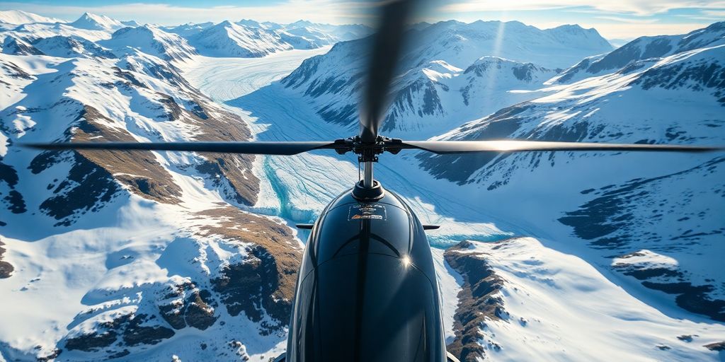 A helicopter flying over majestic, snow-covered Alaskan mountains.