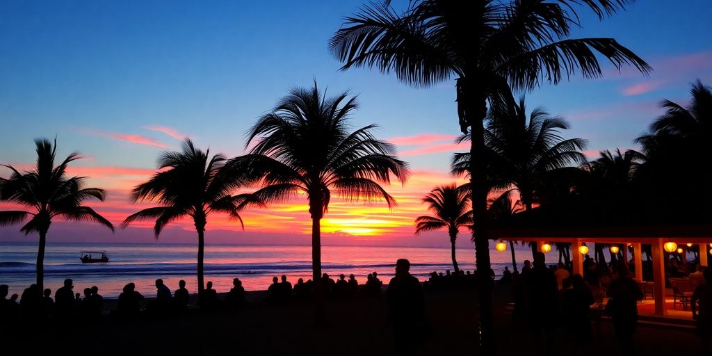 Palm trees against a vibrant sunset over Palma bay.