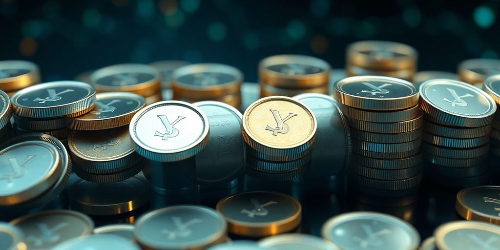 Japanese yen coins and digital currency flowing.