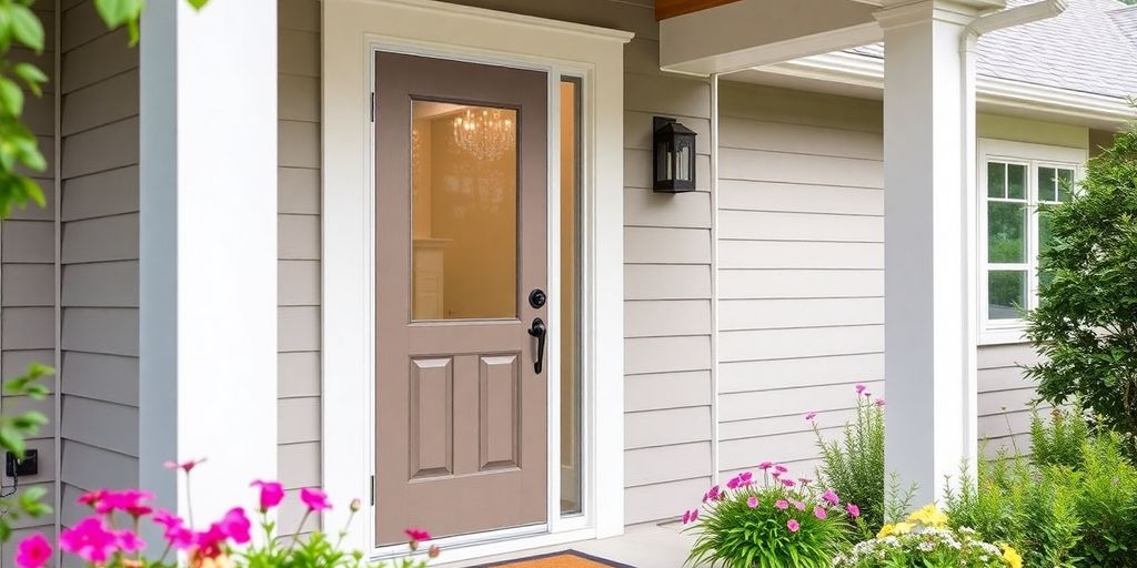 Close-up of a stylish storm door on a home.
