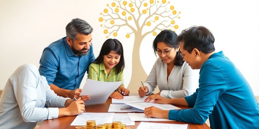 Famille discutant de la gestion de patrimoine autour d'une table.