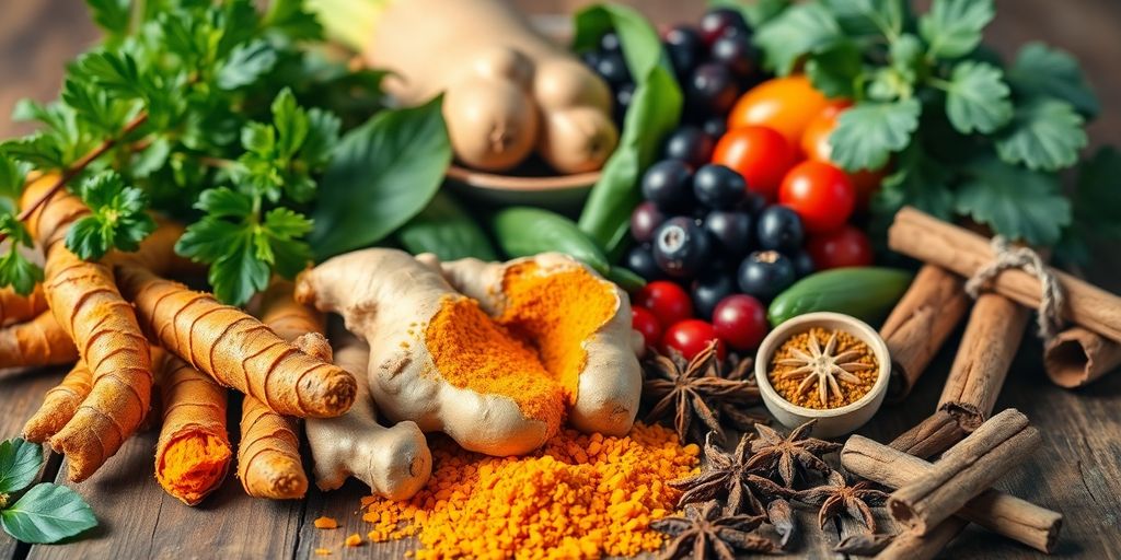 Herbs, spices, and fresh produce for pain relief.