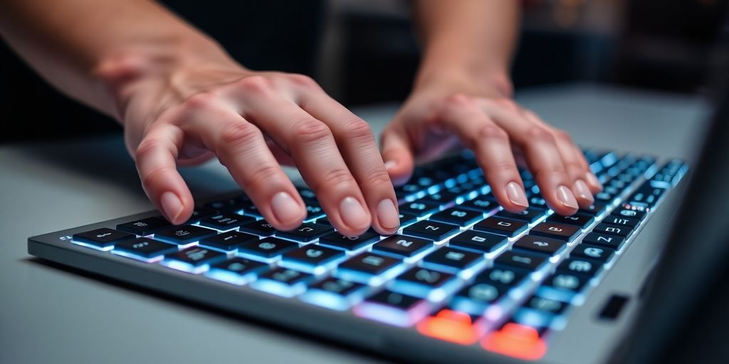Close-up of hands typing on a modern keyboard.