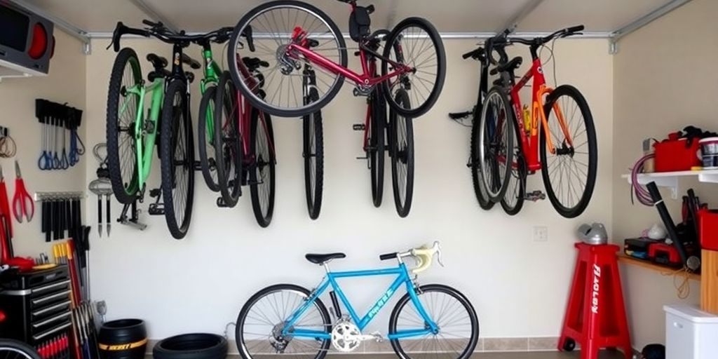 Organized garage with colorful bike racks and bicycles.