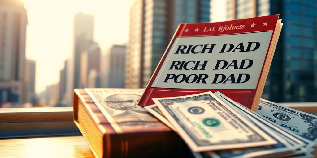 Rich Dad Poor Dad book, money, and city buildings.