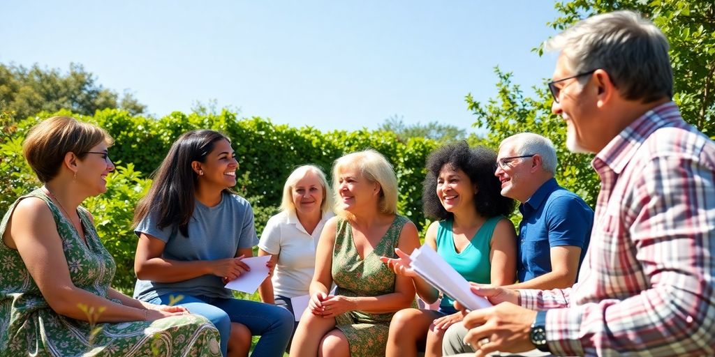 People discussing finances in a sunny outdoor setting.