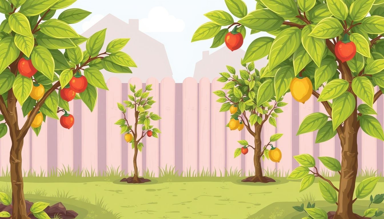 Young fruit trees in a backyard