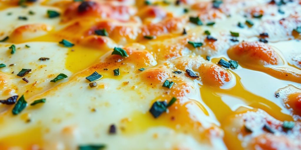 Close-up of garlic butter sauce pizza with herbs.