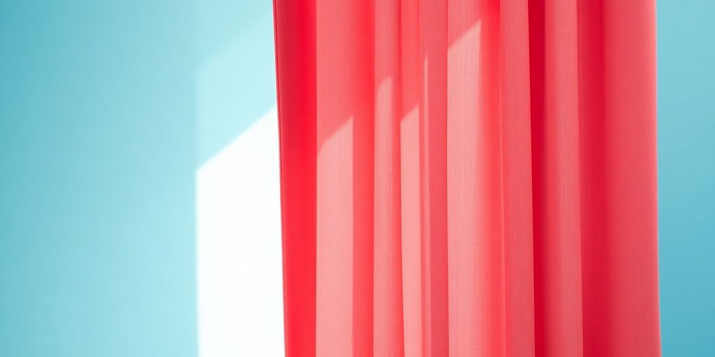 Coral curtains against sky blue wall.